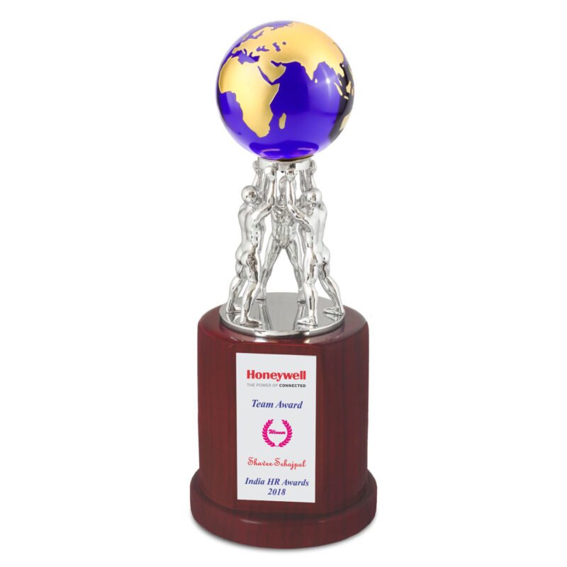 Globe Team Work Trophy, With A Premium Blue Crystal, On A Wooden Base