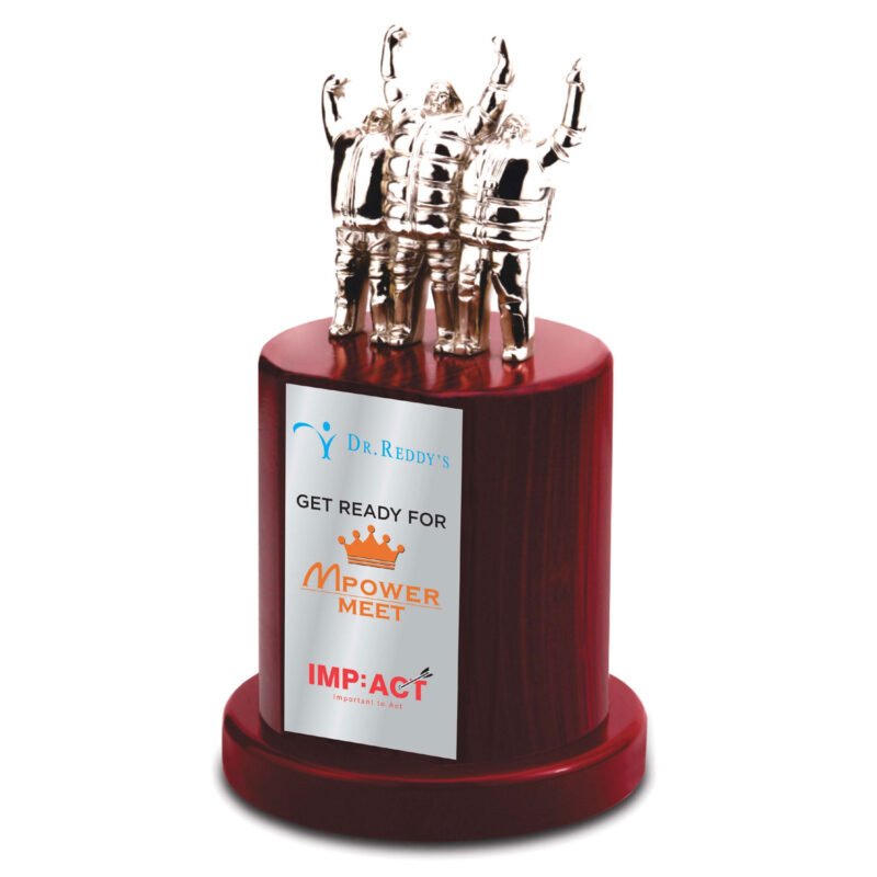 Metal Celebrating Men Trophy on Big Wooden Base