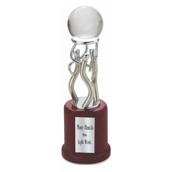Metal figures holding Crystal Globe on Wooden Base Silver Trophy