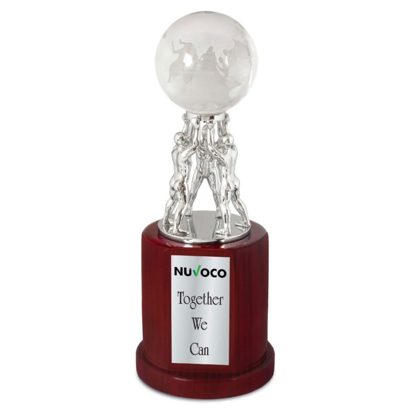 Team Work Globe Silver Trophy, On A Wooden Base