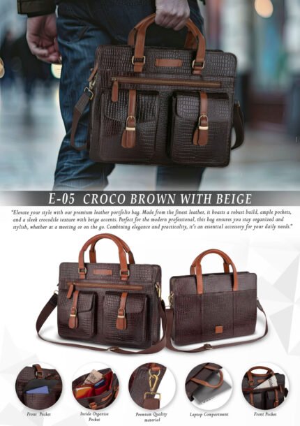 Croco Brown with Beige Premium Leather Portfolio Bag