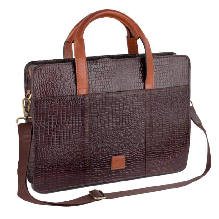 Croco Brown with Beige Premium Leather Portfolio Bag