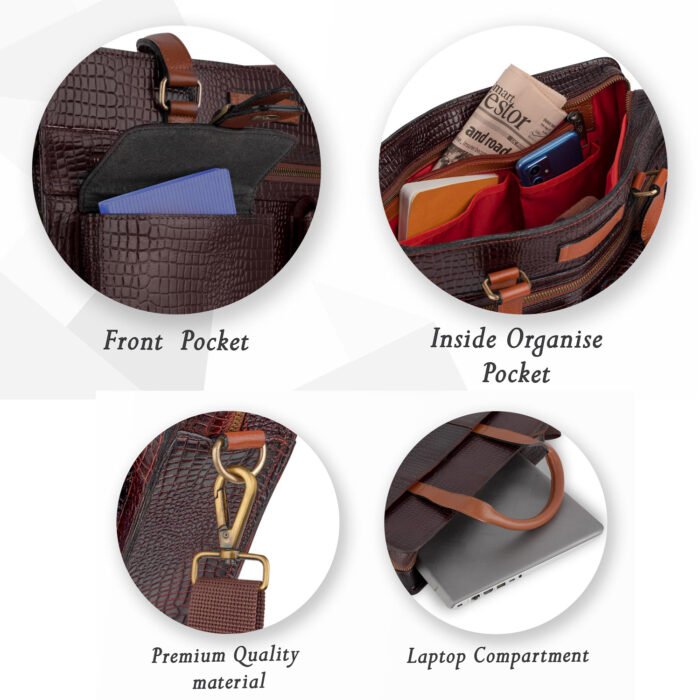 Croco Brown with Beige Premium Leather Portfolio Bag