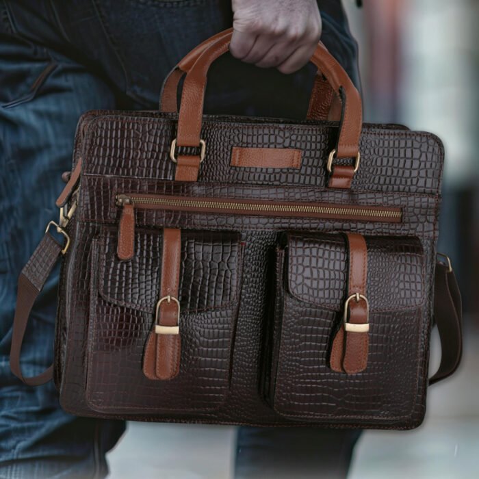 Croco Brown with Beige Premium Leather Portfolio Bag