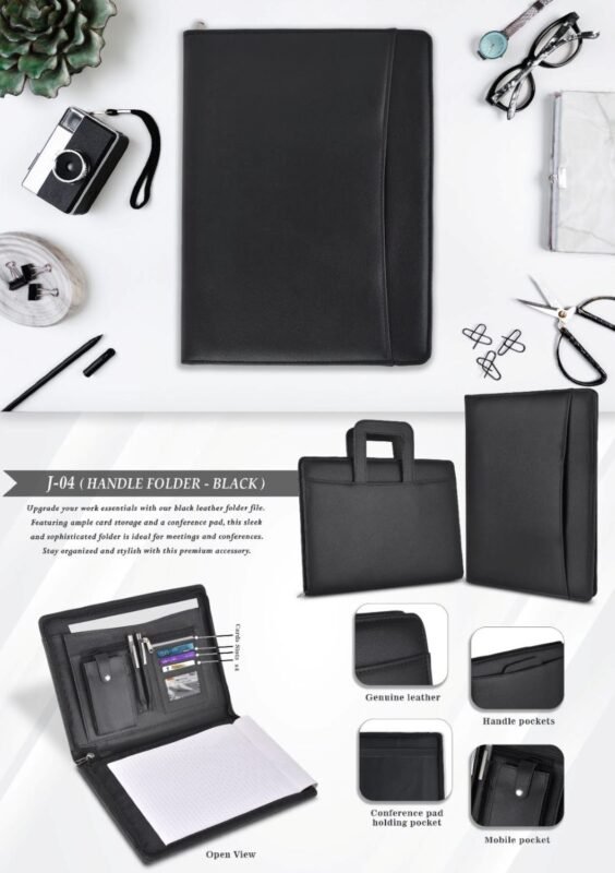 Premium Black Leather Conference Folder with Handle