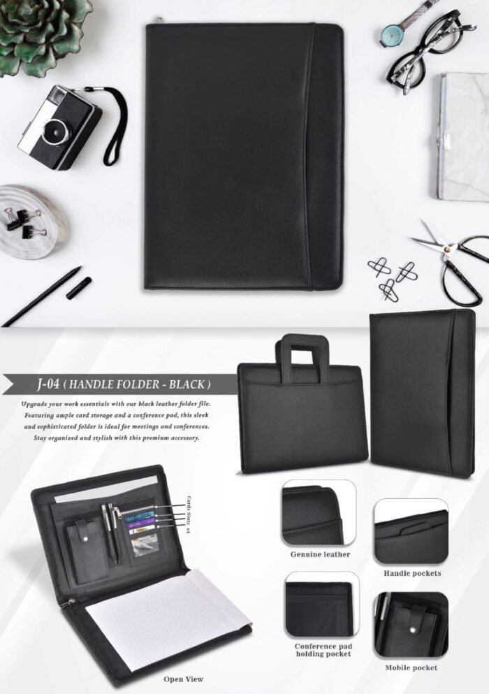 Premium Black Leather Conference Folder with Handle