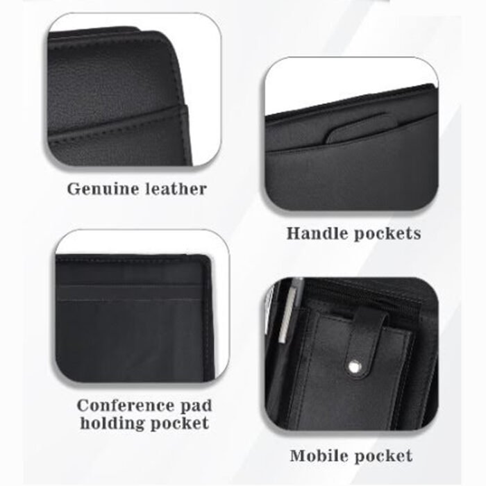 Premium Black Leather Conference Folder with Handle