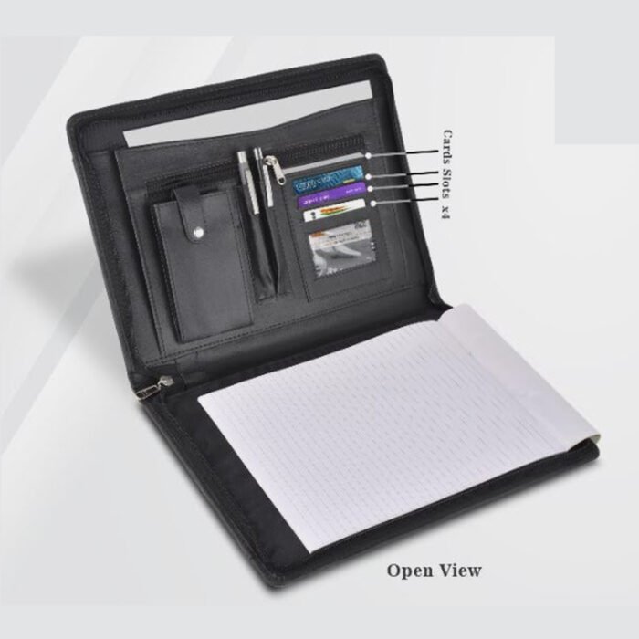 Premium Black Leather Conference Folder with Handle