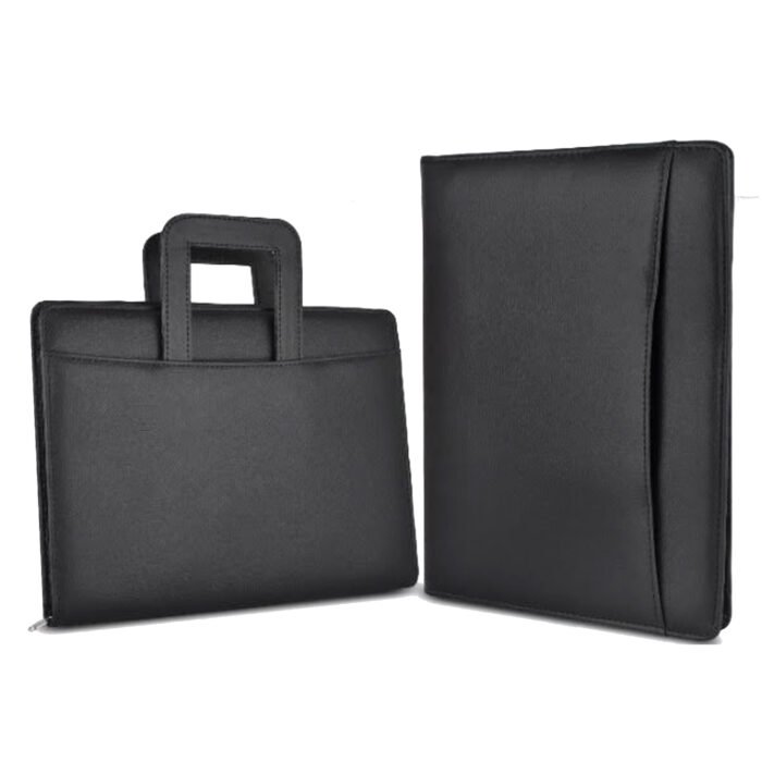 Premium Black Leather Conference Folder with Handle